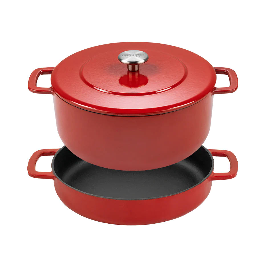 SOUS-CHEF ENAMELLED CAST IRON DUTCH OVEN & DOUBLE HANDLE FRY PAN 28CM RED